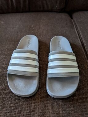 adidas Light Gray Slides with White Stripes